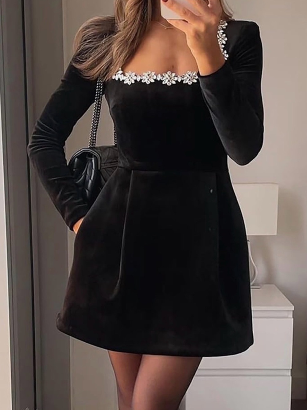 NWT - Black Velvet Long-Sleeve Mini Dress with Floral Trim